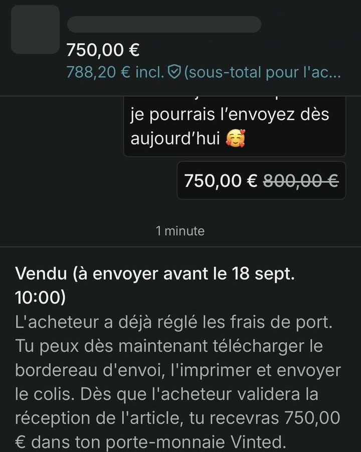 Capture de vente : 750 € – Vendu en septembre