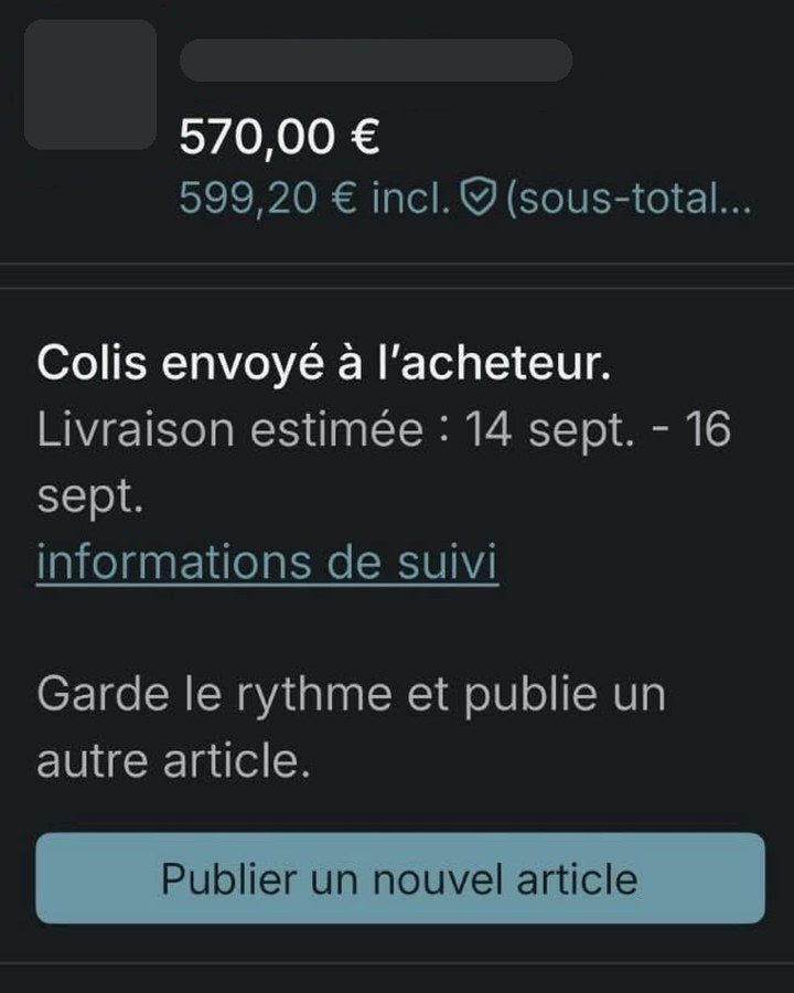Capture de vente : 570 € – Vendu et envoyé