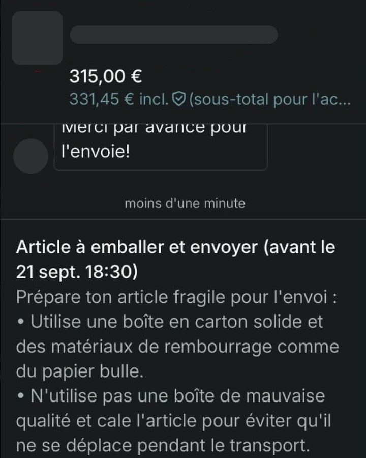 Capture de vente : 315 € – Vendu en septembre